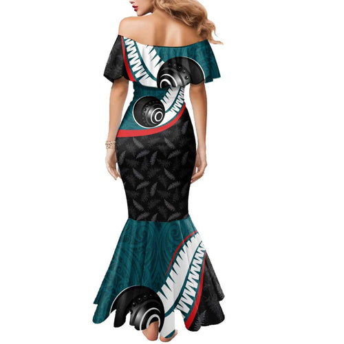 Personalised Aotearoa Lawn Bowls Family Matching Mermaid Dress and Hawaiian Shirt Maori and Silver Fern Sporty Style Teal Color - Aussie Hoodie