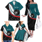 Personalised Aotearoa Lawn Bowls Family Matching Off The Shoulder Long Sleeve Dress and Hawaiian Shirt Maori and Silver Fern Sporty Style Teal Color - Aussie Hoodie