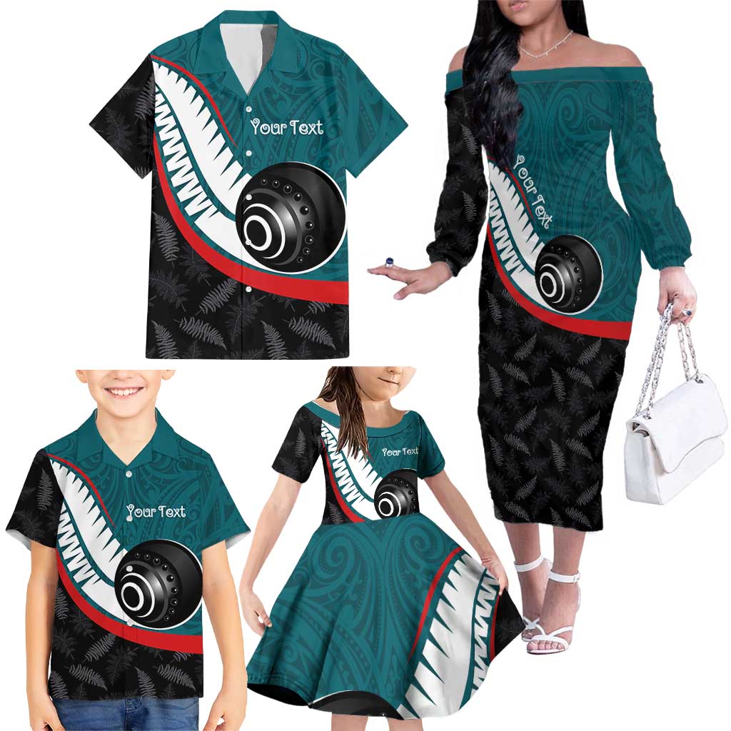 Personalised Aotearoa Lawn Bowls Family Matching Off The Shoulder Long Sleeve Dress and Hawaiian Shirt Maori and Silver Fern Sporty Style Teal Color - Aussie Hoodie