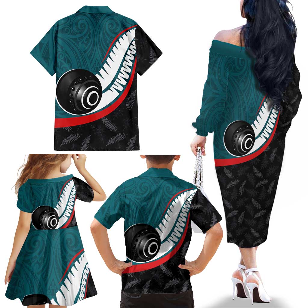 Personalised Aotearoa Lawn Bowls Family Matching Off The Shoulder Long Sleeve Dress and Hawaiian Shirt Maori and Silver Fern Sporty Style Teal Color - Aussie Hoodie