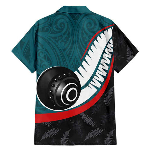 Personalised Aotearoa Lawn Bowls Family Matching Off The Shoulder Long Sleeve Dress and Hawaiian Shirt Maori and Silver Fern Sporty Style Teal Color - Aussie Hoodie