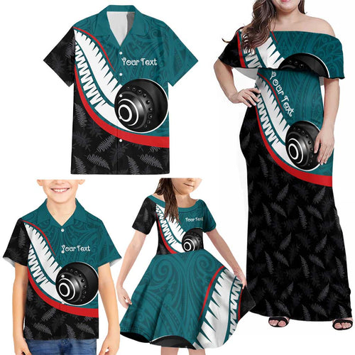 Personalised Aotearoa Lawn Bowls Family Matching Off Shoulder Maxi Dress and Hawaiian Shirt Maori and Silver Fern Sporty Style Teal Color - Aussie Hoodie