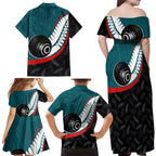 Personalised Aotearoa Lawn Bowls Family Matching Off Shoulder Maxi Dress and Hawaiian Shirt Maori and Silver Fern Sporty Style Teal Color - Aussie Hoodie