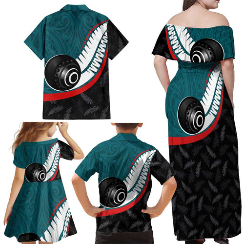 Personalised Aotearoa Lawn Bowls Family Matching Off Shoulder Maxi Dress and Hawaiian Shirt Maori and Silver Fern Sporty Style Teal Color - Aussie Hoodie