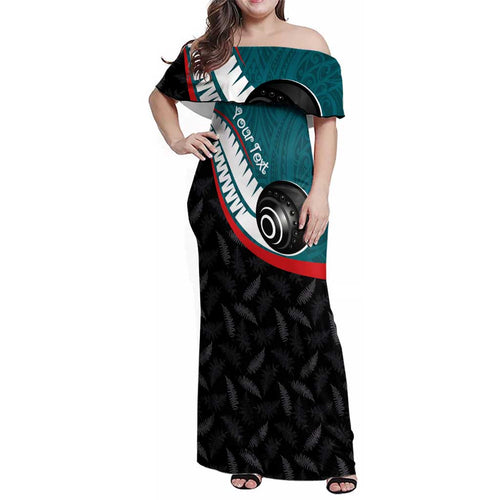 Personalised Aotearoa Lawn Bowls Family Matching Off Shoulder Maxi Dress and Hawaiian Shirt Maori and Silver Fern Sporty Style Teal Color - Aussie Hoodie