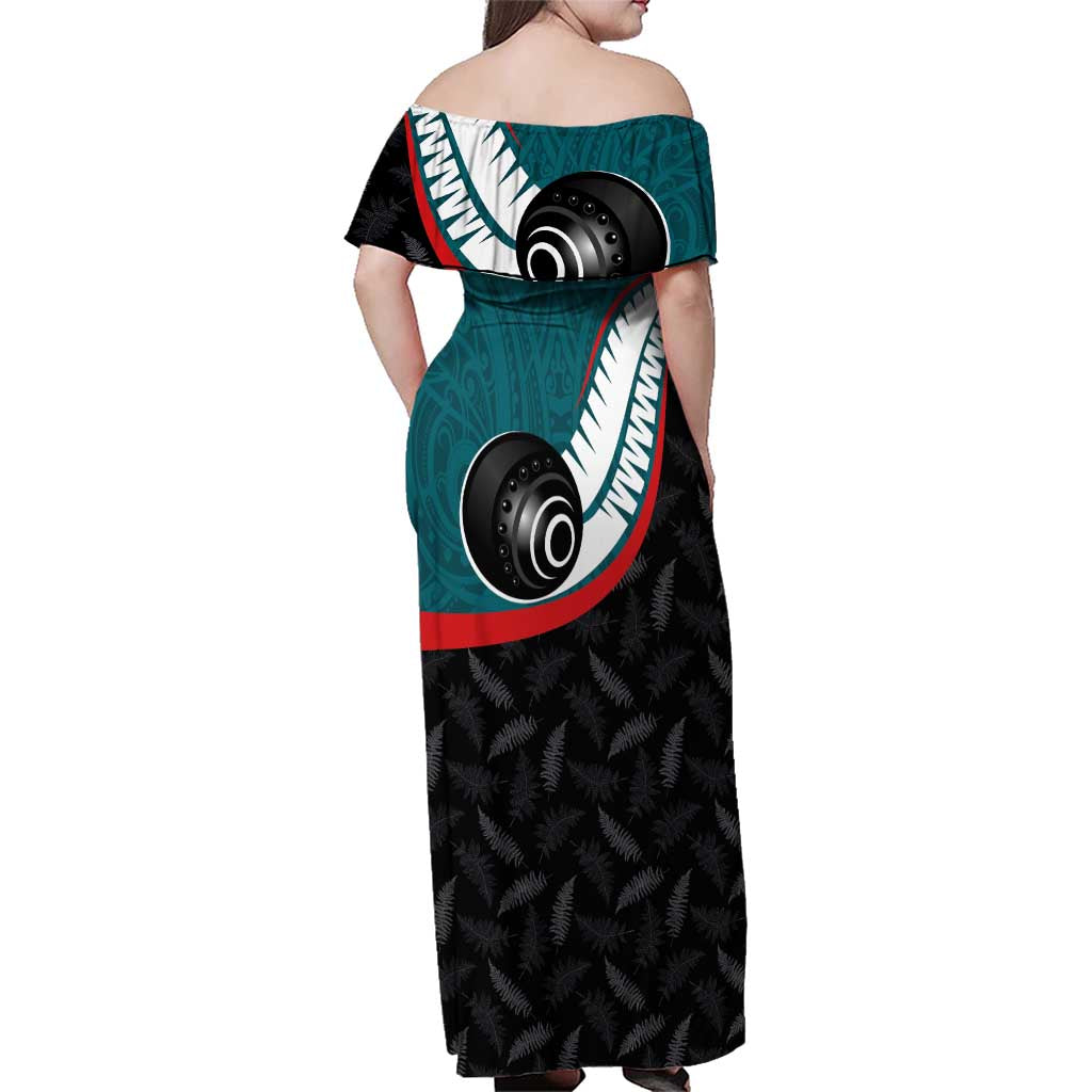 Personalised Aotearoa Lawn Bowls Family Matching Off Shoulder Maxi Dress and Hawaiian Shirt Maori and Silver Fern Sporty Style Teal Color - Aussie Hoodie