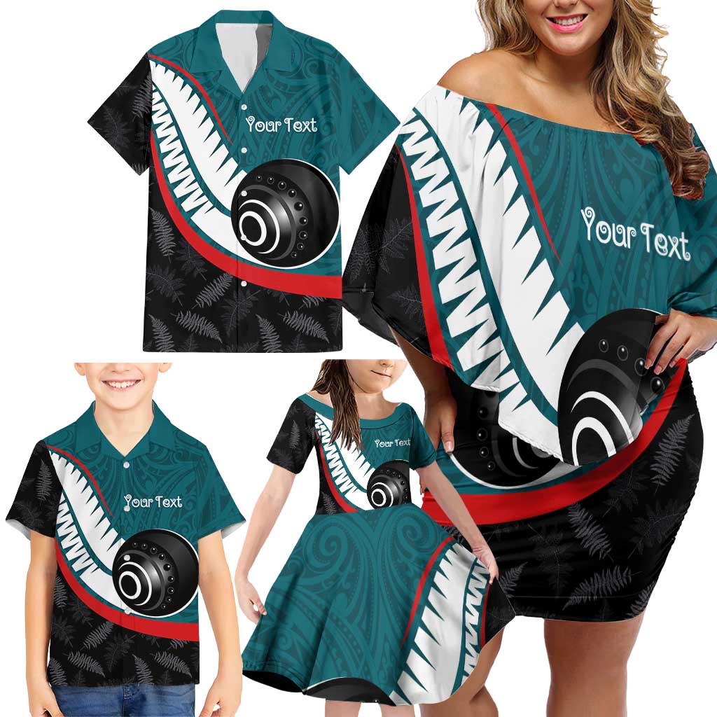 Personalised Aotearoa Lawn Bowls Family Matching Off Shoulder Short Dress and Hawaiian Shirt Maori and Silver Fern Sporty Style Teal Color - Aussie Hoodie