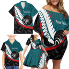 Personalised Aotearoa Lawn Bowls Family Matching Off Shoulder Short Dress and Hawaiian Shirt Maori and Silver Fern Sporty Style Teal Color - Aussie Hoodie