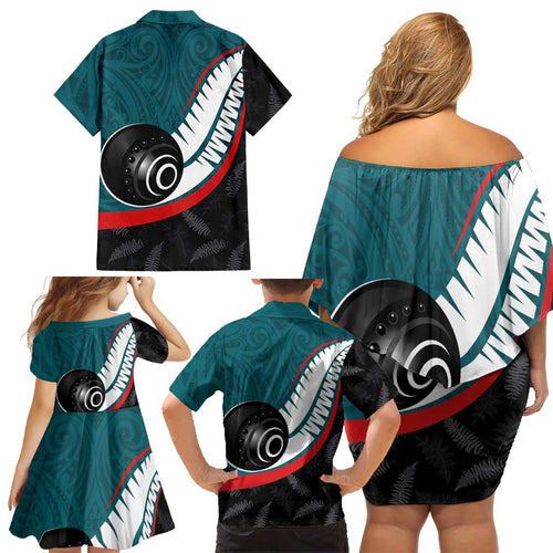 Personalised Aotearoa Lawn Bowls Family Matching Off Shoulder Short Dress and Hawaiian Shirt Maori and Silver Fern Sporty Style Teal Color - Aussie Hoodie