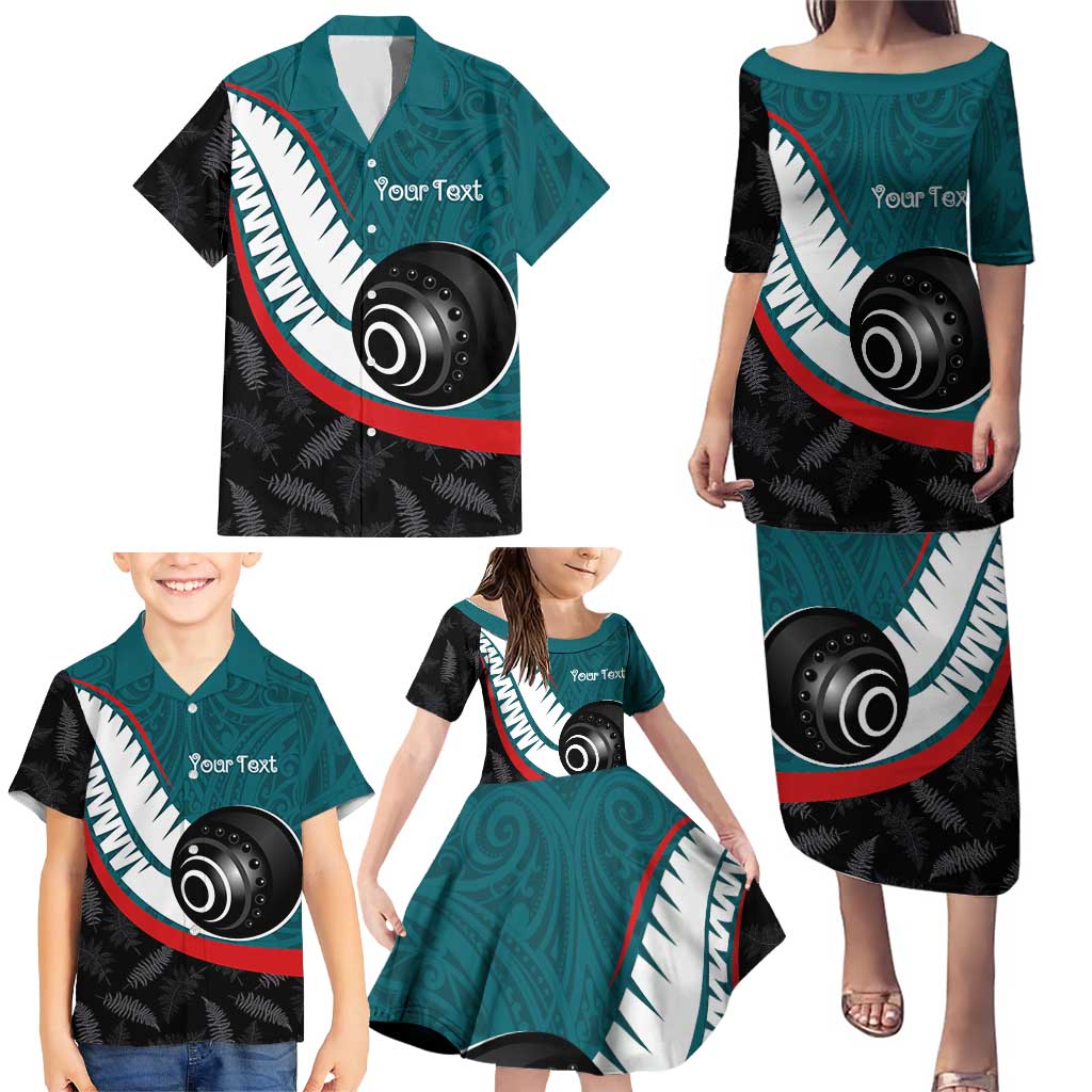 Personalised Aotearoa Lawn Bowls Family Matching Puletasi and Hawaiian Shirt Maori and Silver Fern Sporty Style Teal Color - Aussie Hoodie