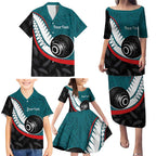 Personalised Aotearoa Lawn Bowls Family Matching Puletasi and Hawaiian Shirt Maori and Silver Fern Sporty Style Teal Color - Aussie Hoodie