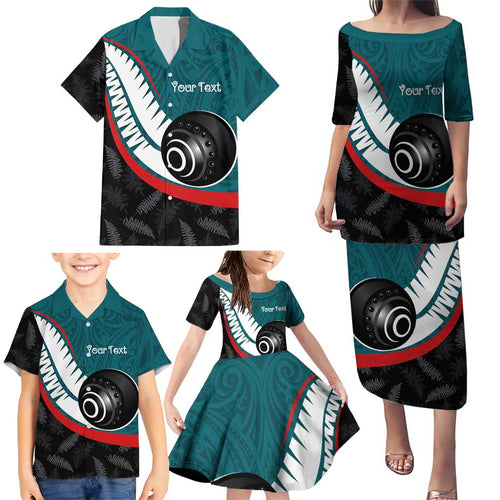 Personalised Aotearoa Lawn Bowls Family Matching Puletasi and Hawaiian Shirt Maori and Silver Fern Sporty Style Teal Color - Aussie Hoodie