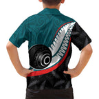 Personalised Aotearoa Lawn Bowls Family Matching Puletasi and Hawaiian Shirt Maori and Silver Fern Sporty Style Teal Color - Aussie Hoodie