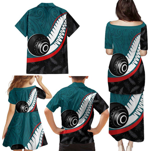 Personalised Aotearoa Lawn Bowls Family Matching Puletasi and Hawaiian Shirt Maori and Silver Fern Sporty Style Teal Color - Aussie Hoodie