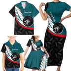 Personalised Aotearoa Lawn Bowls Family Matching Short Sleeve Bodycon Dress and Hawaiian Shirt Maori and Silver Fern Sporty Style Teal Color - Aussie Hoodie
