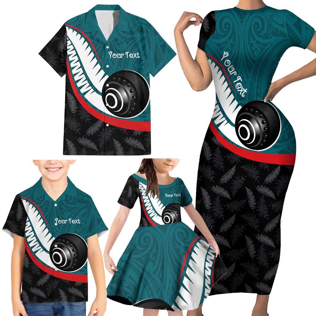 Personalised Aotearoa Lawn Bowls Family Matching Short Sleeve Bodycon Dress and Hawaiian Shirt Maori and Silver Fern Sporty Style Teal Color - Aussie Hoodie