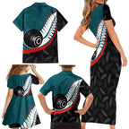 Personalised Aotearoa Lawn Bowls Family Matching Short Sleeve Bodycon Dress and Hawaiian Shirt Maori and Silver Fern Sporty Style Teal Color - Aussie Hoodie