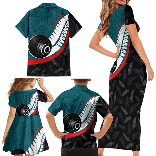 Personalised Aotearoa Lawn Bowls Family Matching Short Sleeve Bodycon Dress and Hawaiian Shirt Maori and Silver Fern Sporty Style Teal Color - Aussie Hoodie