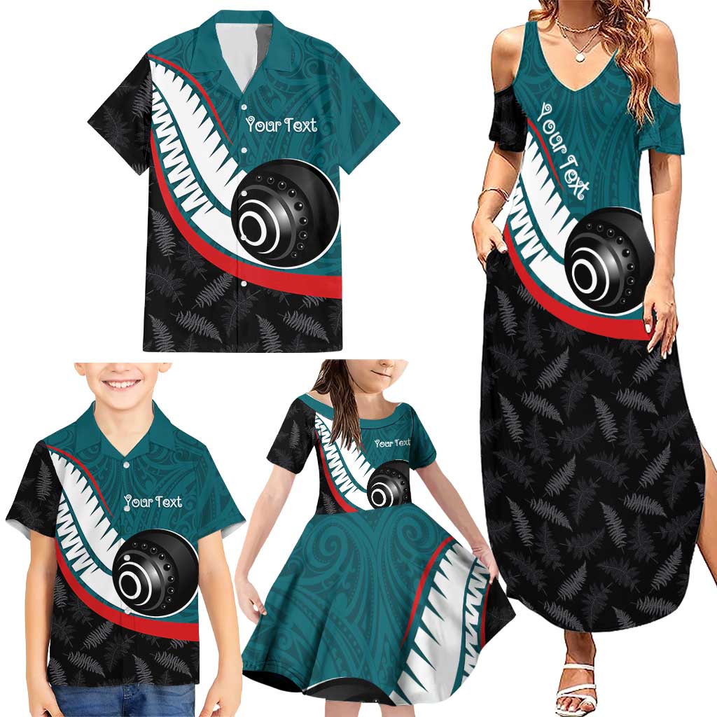 Personalised Aotearoa Lawn Bowls Family Matching Summer Maxi Dress and Hawaiian Shirt Maori and Silver Fern Sporty Style Teal Color - Aussie Hoodie