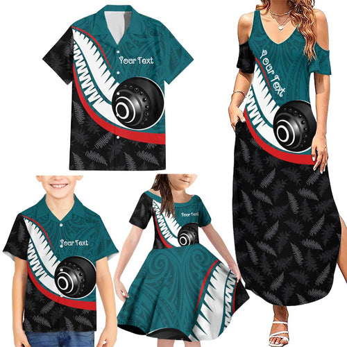 Personalised Aotearoa Lawn Bowls Family Matching Summer Maxi Dress and Hawaiian Shirt Maori and Silver Fern Sporty Style Teal Color - Aussie Hoodie