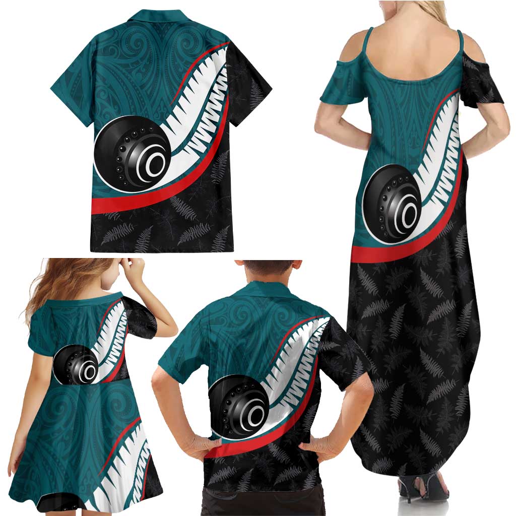 Personalised Aotearoa Lawn Bowls Family Matching Summer Maxi Dress and Hawaiian Shirt Maori and Silver Fern Sporty Style Teal Color - Aussie Hoodie