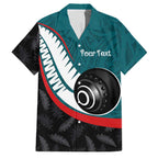 Personalised Aotearoa Lawn Bowls Family Matching Summer Maxi Dress and Hawaiian Shirt Maori and Silver Fern Sporty Style Teal Color - Aussie Hoodie