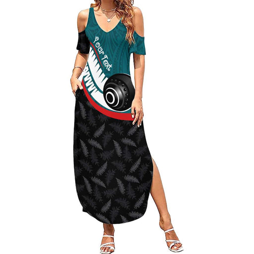 Personalised Aotearoa Lawn Bowls Family Matching Summer Maxi Dress and Hawaiian Shirt Maori and Silver Fern Sporty Style Teal Color - Aussie Hoodie