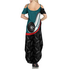 Personalised Aotearoa Lawn Bowls Family Matching Summer Maxi Dress and Hawaiian Shirt Maori and Silver Fern Sporty Style Teal Color - Aussie Hoodie