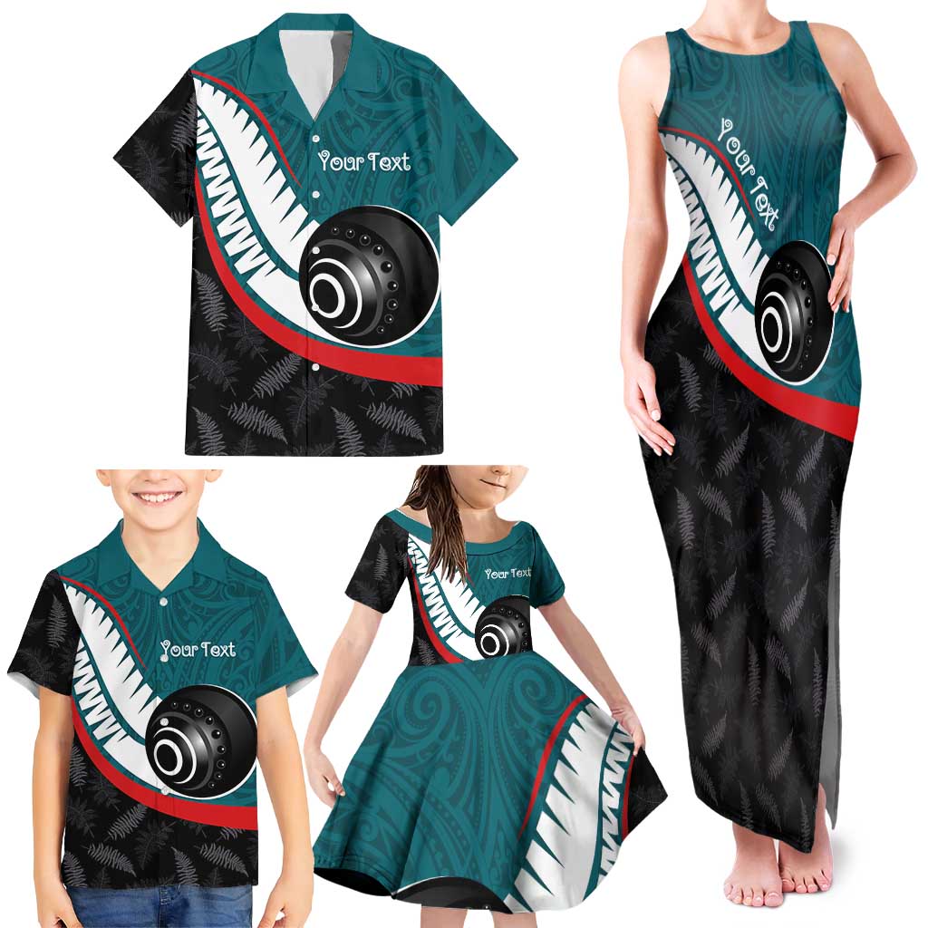 Personalised Aotearoa Lawn Bowls Family Matching Tank Maxi Dress and Hawaiian Shirt Maori and Silver Fern Sporty Style Teal Color - Aussie Hoodie