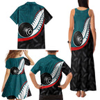 Personalised Aotearoa Lawn Bowls Family Matching Tank Maxi Dress and Hawaiian Shirt Maori and Silver Fern Sporty Style Teal Color - Aussie Hoodie