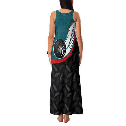 Personalised Aotearoa Lawn Bowls Family Matching Tank Maxi Dress and Hawaiian Shirt Maori and Silver Fern Sporty Style Teal Color - Aussie Hoodie