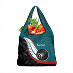 Personalised Aotearoa Lawn Bowls Grocery Bag Maori and Silver Fern Sporty Style Teal Color - Aussie Hoodie