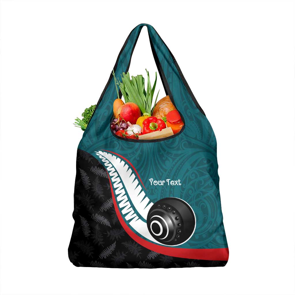 Personalised Aotearoa Lawn Bowls Grocery Bag Maori and Silver Fern Sporty Style Teal Color - Aussie Hoodie