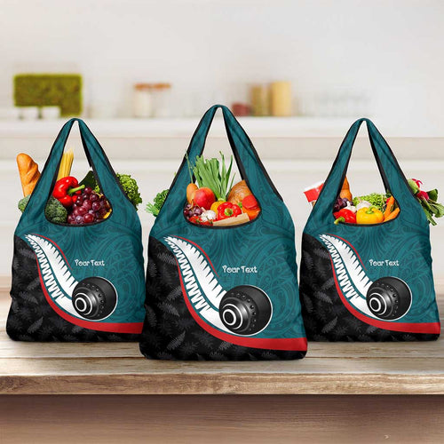 Personalised Aotearoa Lawn Bowls Grocery Bag Maori and Silver Fern Sporty Style Teal Color - Aussie Hoodie