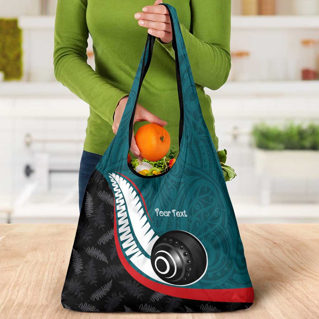 Personalised Aotearoa Lawn Bowls Grocery Bag Maori and Silver Fern Sporty Style Teal Color - Aussie Hoodie
