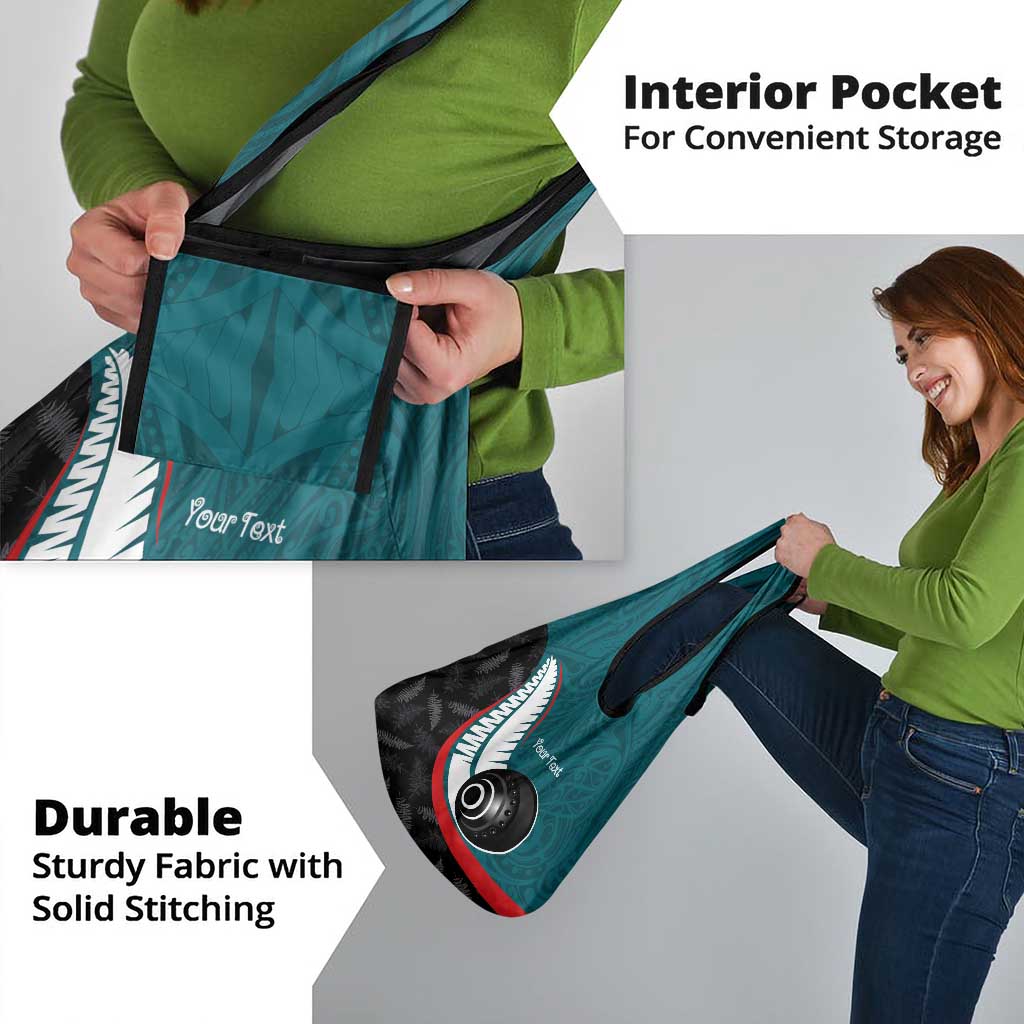 Personalised Aotearoa Lawn Bowls Grocery Bag Maori and Silver Fern Sporty Style Teal Color - Aussie Hoodie