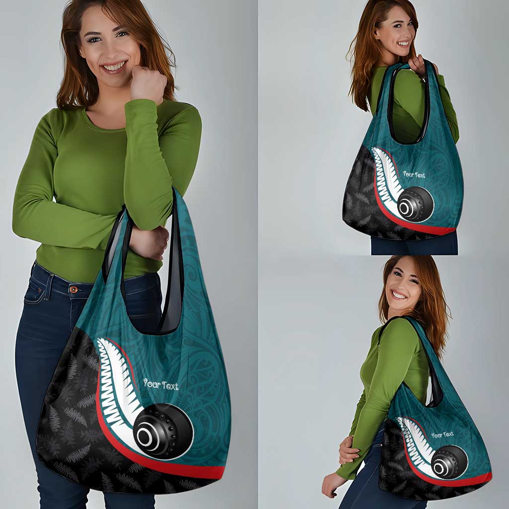 Personalised Aotearoa Lawn Bowls Grocery Bag Maori and Silver Fern Sporty Style Teal Color - Aussie Hoodie