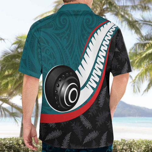 Personalised Aotearoa Lawn Bowls Hawaiian Shirt Maori and Silver Fern Sporty Style Teal Color - Aussie Hoodie