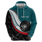 Personalised Aotearoa Lawn Bowls Hoodie Maori and Silver Fern Sporty Style Teal Color - Aussie Hoodie