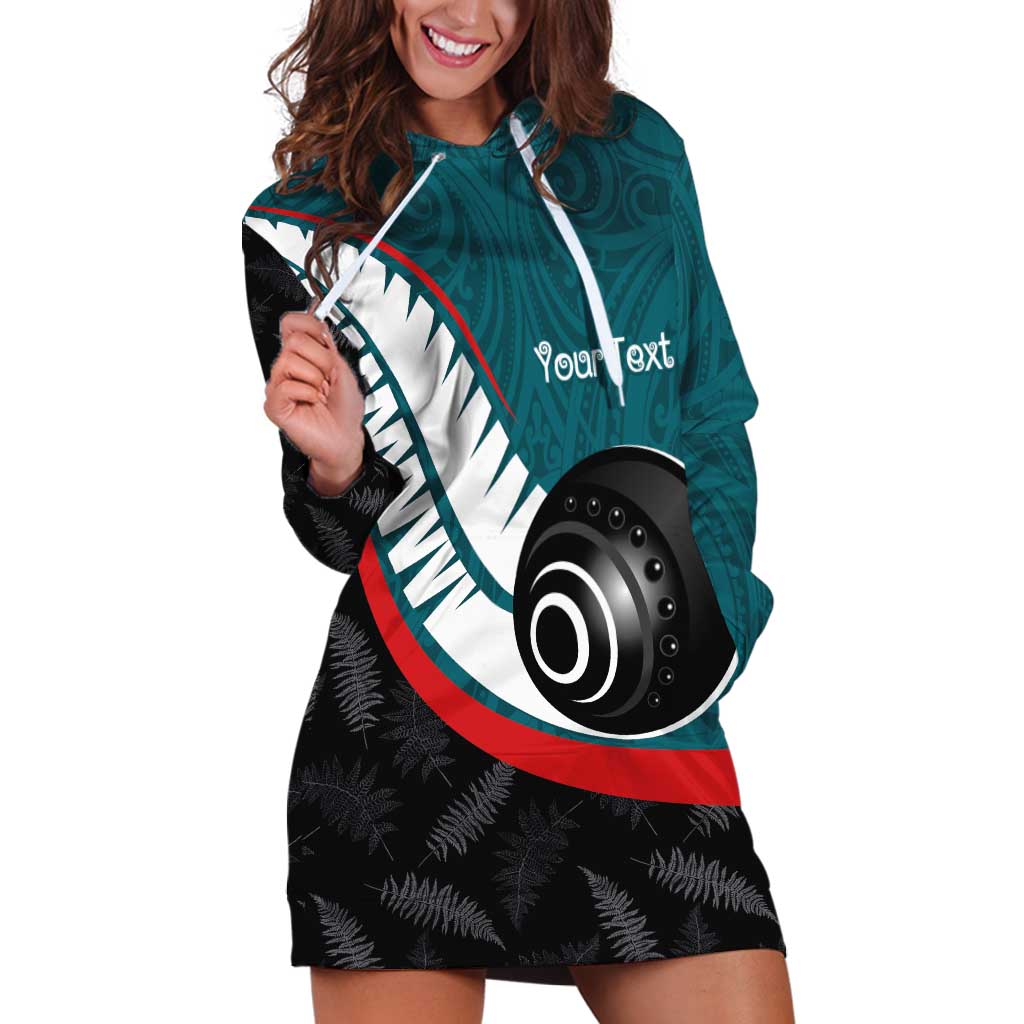 Personalised Aotearoa Lawn Bowls Hoodie Dress Maori and Silver Fern Sporty Style Teal Color - Aussie Hoodie