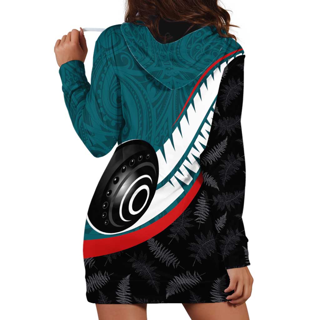 Personalised Aotearoa Lawn Bowls Hoodie Dress Maori and Silver Fern Sporty Style Teal Color - Aussie Hoodie