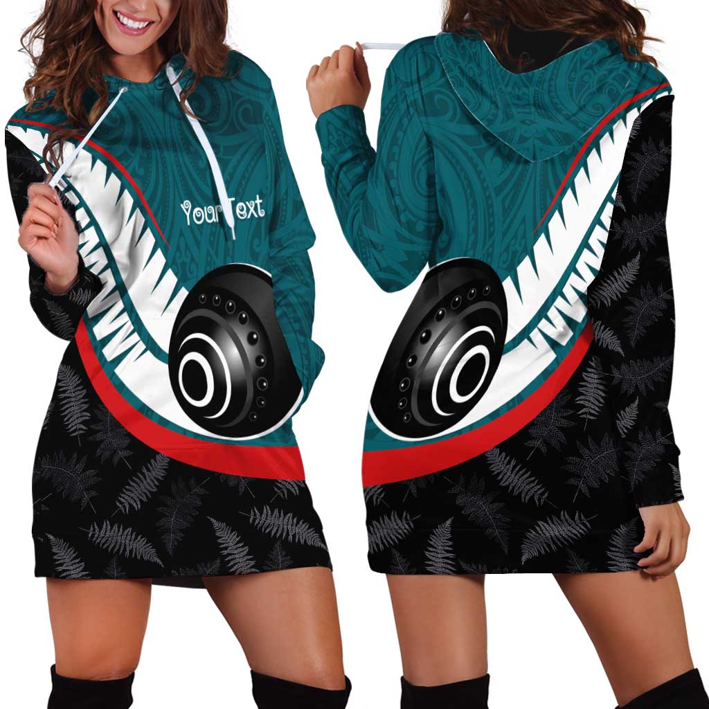 Personalised Aotearoa Lawn Bowls Hoodie Dress Maori and Silver Fern Sporty Style Teal Color - Aussie Hoodie