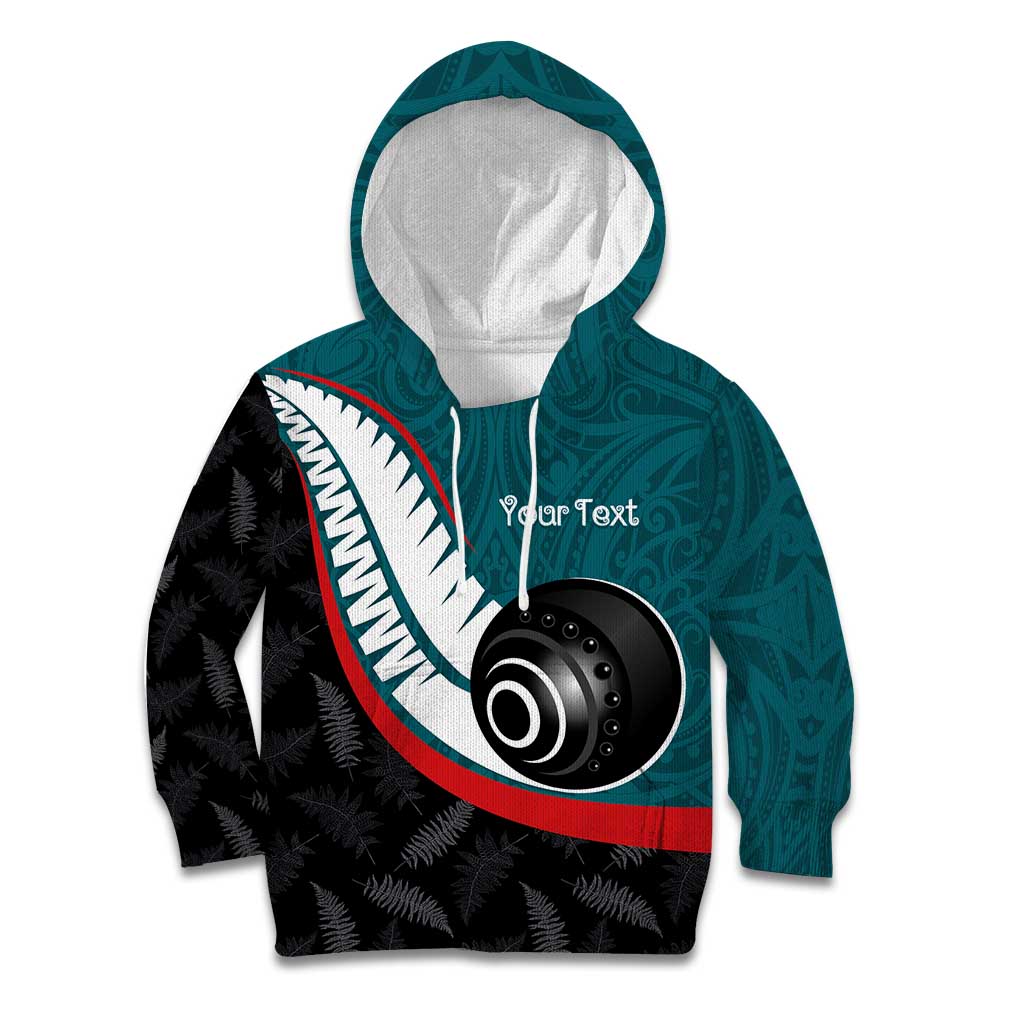 Personalised Aotearoa Lawn Bowls Kid Hoodie Maori and Silver Fern Sporty Style Teal Color - Aussie Hoodie