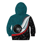 Personalised Aotearoa Lawn Bowls Kid Hoodie Maori and Silver Fern Sporty Style Teal Color - Aussie Hoodie
