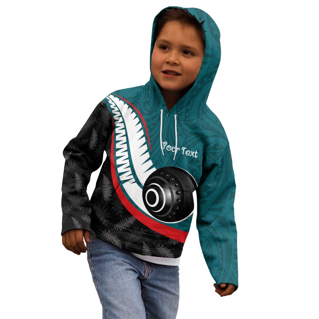 Personalised Aotearoa Lawn Bowls Kid Hoodie Maori and Silver Fern Sporty Style Teal Color - Aussie Hoodie