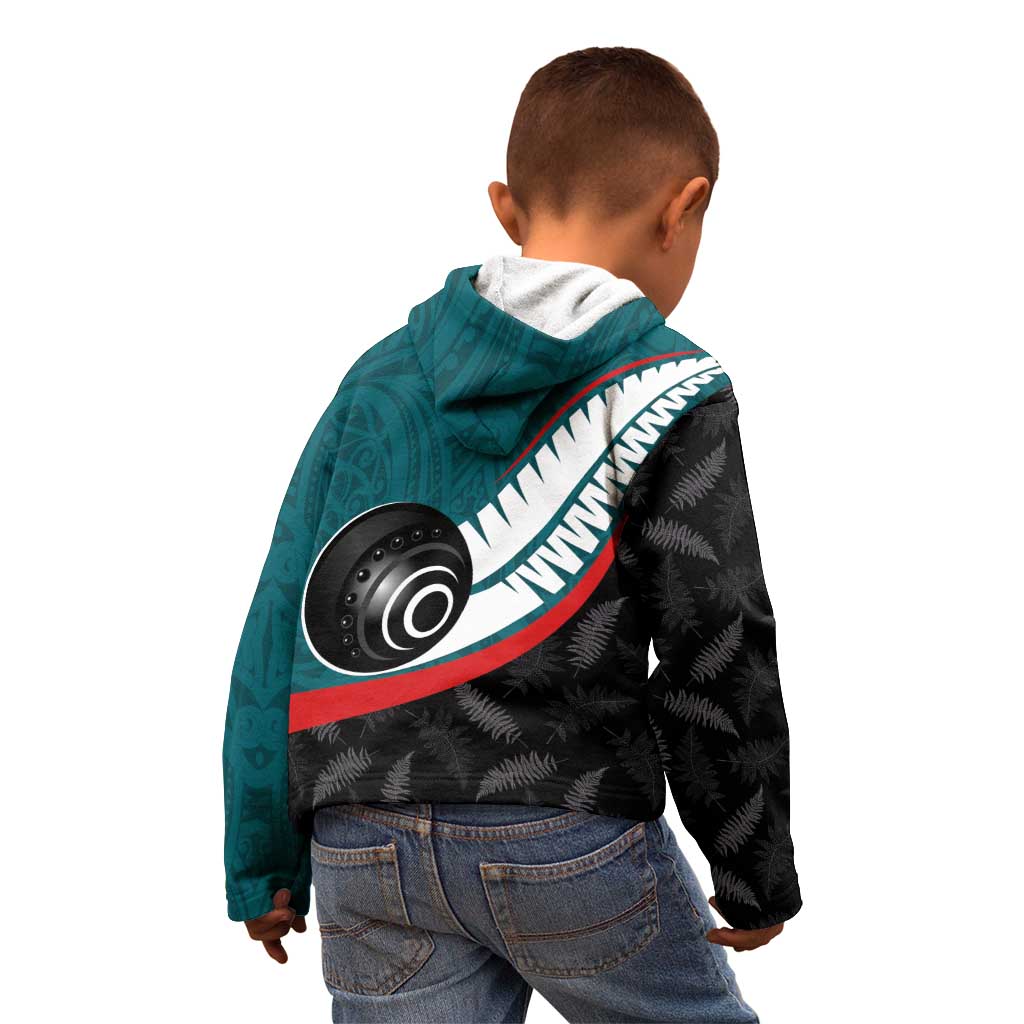 Personalised Aotearoa Lawn Bowls Kid Hoodie Maori and Silver Fern Sporty Style Teal Color - Aussie Hoodie