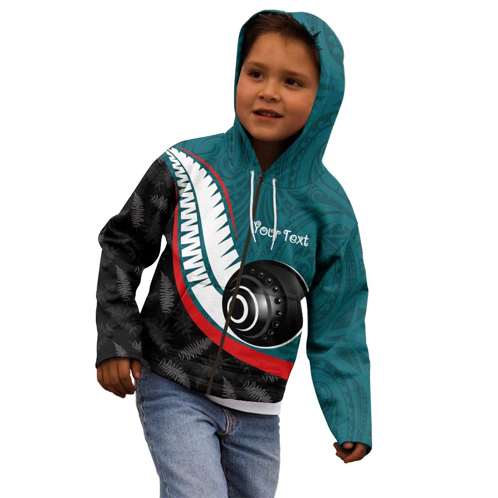 Personalised Aotearoa Lawn Bowls Kid Hoodie Maori and Silver Fern Sporty Style Teal Color - Aussie Hoodie