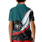 Personalised Aotearoa Lawn Bowls Kid Polo Shirt Maori and Silver Fern Sporty Style Teal Color - Aussie Hoodie