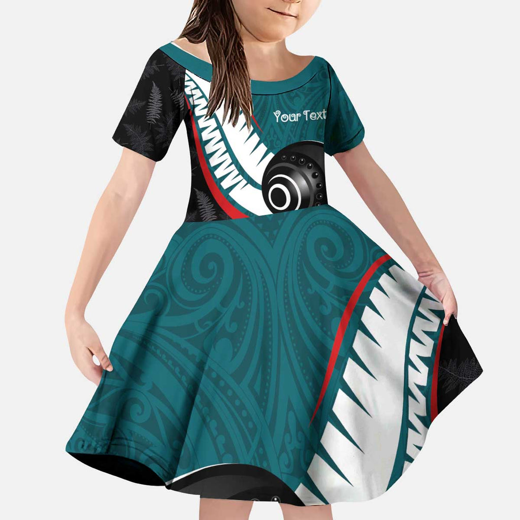 Personalised Aotearoa Lawn Bowls Kid Short Sleeve Dress Maori and Silver Fern Sporty Style Teal Color - Aussie Hoodie