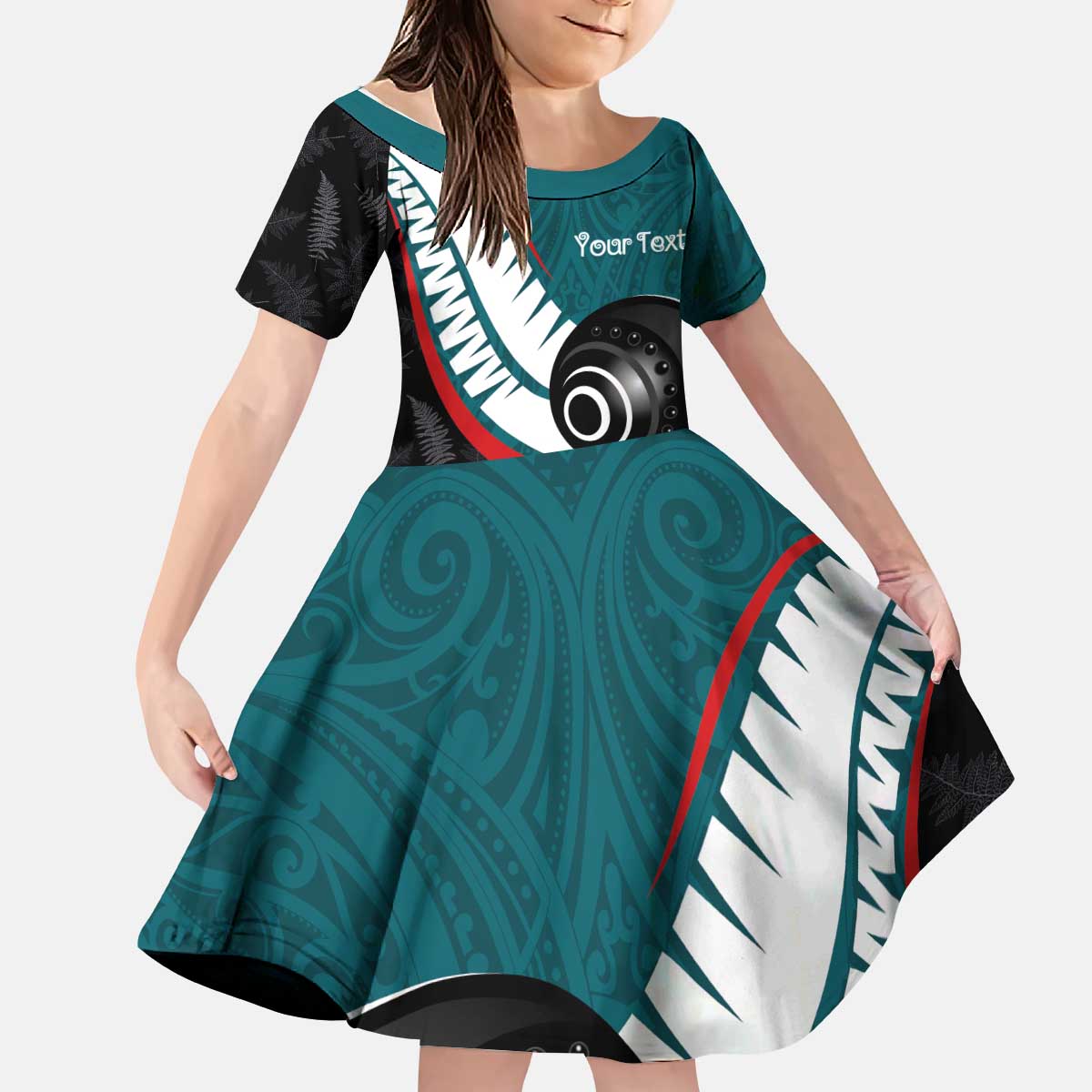 Personalised Aotearoa Lawn Bowls Kid Short Sleeve Dress Maori and Silver Fern Sporty Style Teal Color - Aussie Hoodie